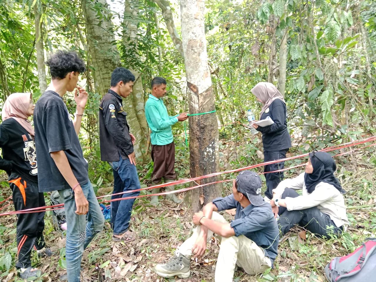 Pengukuran diameter dan tinggi pohon, identifikasi jenis vegetasi, serta pencatatan titik koordinat menggunakan GPS oleh Mahasiswa Tim Riset dan Pemerintah Nagari. (Foto: Tim Riset)